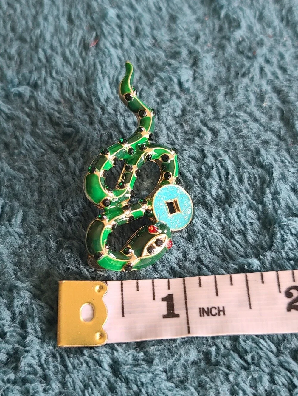 Vintage Green Enamel Snake Brooch with Turquoise Accent
